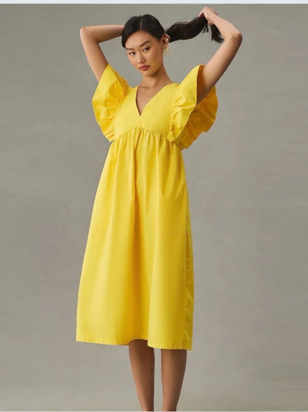 Maeve Bright Yellow Flutter-Sleeve Midi Dress